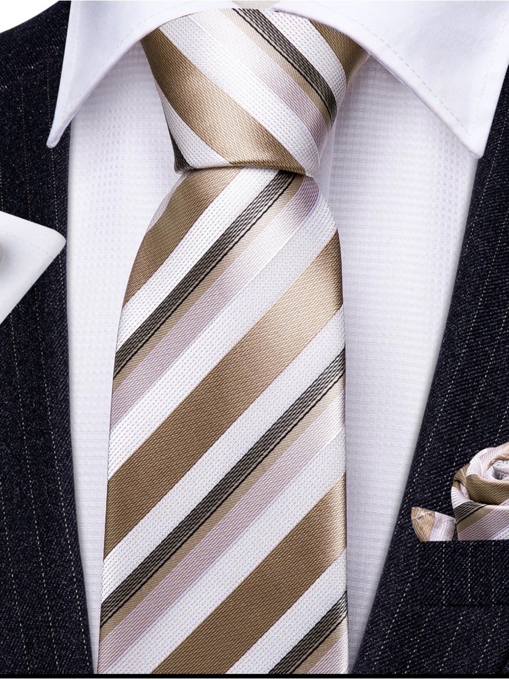 Striped Taupe, brown and black  Men's Tie Set with Cufflinks